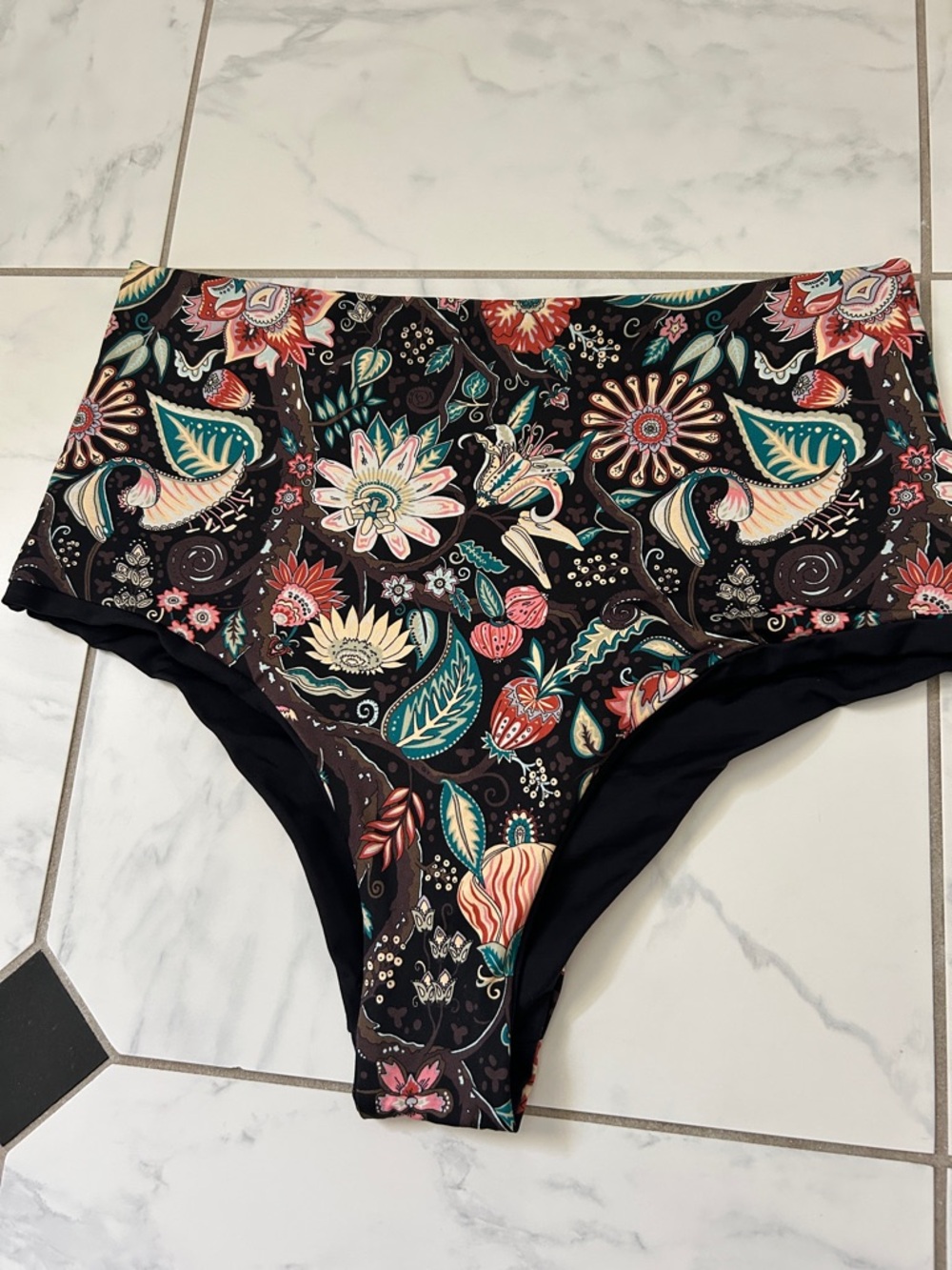 High-Waist Floral Swim Bottoms in Black and Teal
